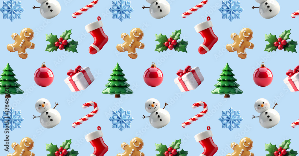 Naklejka premium Winter holiday, New Year, Christmas concept, elements snowflake, Christmas tree, ball, snowman, holly berry, gingerbread man, caramel cane, gift box on blue background. 3d rendering. Banner, header