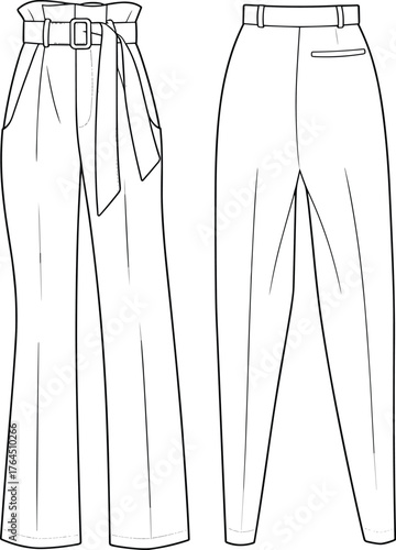 High-waisted trousers, paperbag waist, bow belt, welt pocket, straight leg, fashion sketch, technical garment, cad drawing flat vector illustration