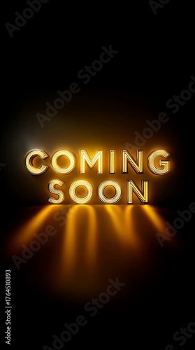 Stylized glowing golden 'Coming Soon' text on dark background. Seamless loop animation with camera zoom and rotating lettering effect.