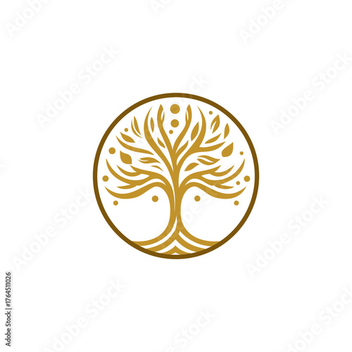 Elegant golden tree of life logo design inside a circular frame in a modern minimalist vector style