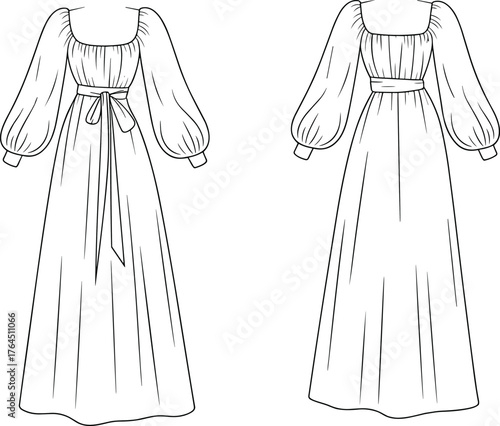 Long dress technical sketch, front and back view, bishop sleeve, square neckline, waist tie, fashion flat, cad drawing flat vector illustration