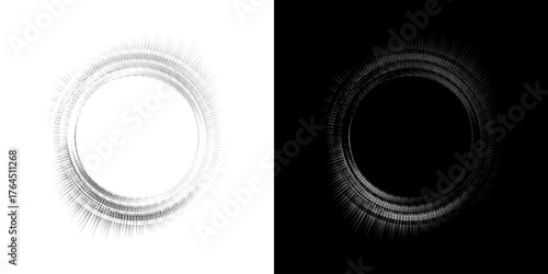 Dynamic abstract spiral sound wave rhythm lines. Circular spiral sound wave rhythm of lines. Circular futuristic abstract lines, black and white background.