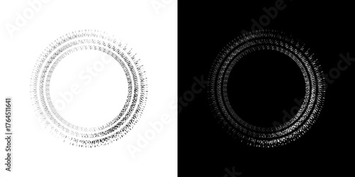 Dynamic abstract spiral sound wave rhythm lines. Circular spiral sound wave rhythm of lines. Circular futuristic abstract lines, black and white background.