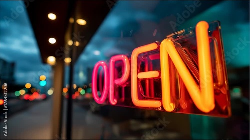 A glowing neon 'OPEN' sign flickers near a glass window, reflecting vibrant urban lights. The scene includes bokeh from traffic and city buildings in the evening ambiance.