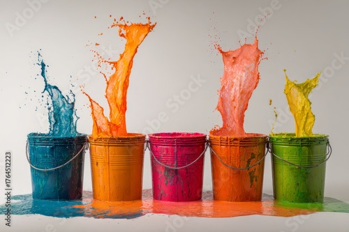 Colorful paint pouring from multiple buckets, splashing energetically in all directions, vibrant scene on light background.