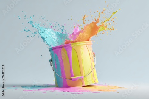 Single bucket pouring multiple colorful paints, splashing dynamically on light background, vibrant creative studio shot.