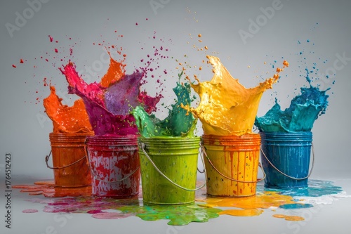 Colorful paint poured from multiple pails, splashing in all directions, vibrant energetic scene on light background.