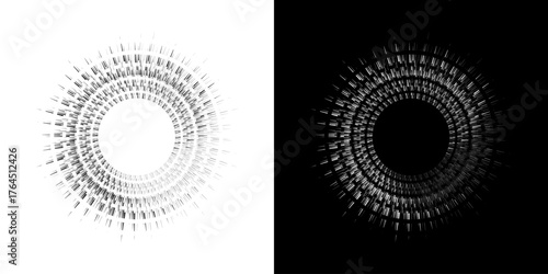 Dynamic abstract spiral sound wave rhythm lines. Circular spiral sound wave rhythm of lines. Circular futuristic abstract lines, black and white background.