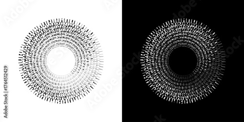 Dynamic abstract spiral sound wave rhythm lines. Circular spiral sound wave rhythm of lines. Circular futuristic abstract lines, black and white background.