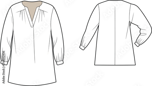 Tunic blouse technical sketch, front and back view, V-neck placket, gathered shoulder, curved hem, cad drawing flat vector illustration