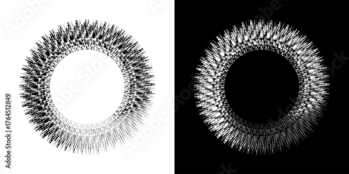 Dynamic abstract spiral sound wave rhythm lines. Circular spiral sound wave rhythm of lines. Circular futuristic abstract lines, black and white background.