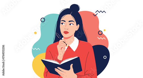 Woman pondering with notebook, deep in thought, focused.