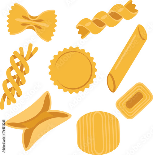 Various Italian pasta types illustration, macaroni, rigatoni, penne, ravioli, farfalle, fusilli, spaghetti, traditional food concept for cooking, cuisine, kitchen