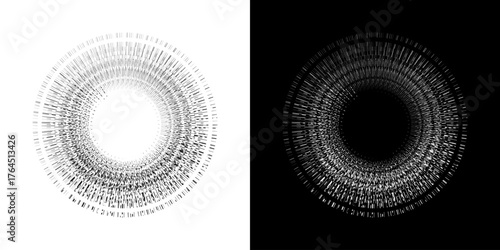 Dynamic abstract spiral sound wave rhythm lines. Circular spiral sound wave rhythm of lines. Circular futuristic abstract lines, black and white background.