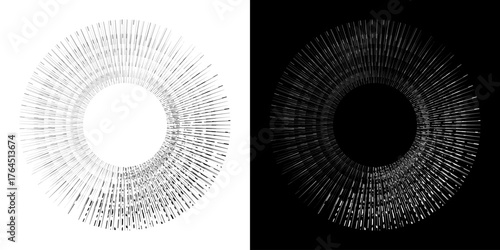 Dynamic abstract spiral sound wave rhythm lines. Circular spiral sound wave rhythm of lines. Circular futuristic abstract lines, black and white background.