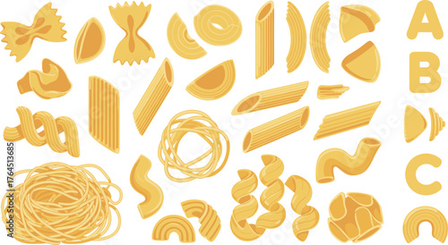 Various pasta shapes illustration including spaghetti, macaroni, fusilli, penne, farfalle, Italian cuisine food vector design for restaurant, cooking, and kitchen art