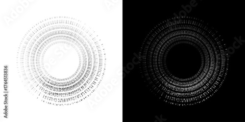 Dynamic abstract spiral sound wave rhythm lines. Circular spiral sound wave rhythm of lines. Circular futuristic abstract lines, black and white background.