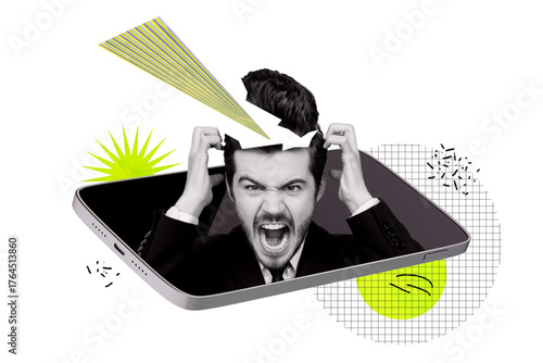 Creative collage picture annoyed irritated outraged businessman smartphone screen device head crack mind internet media brainwashing