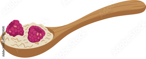 Wooden spoon with oatmeal and raspberries, healthy breakfast food illustration, organic nutrition concept, natural diet meal, clean eating design.