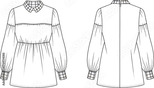 Women's check collar blouse flat, puff sleeve tunic vector, CAD fashion drawing, garment design template, sewing pattern illustration, apparel sketch