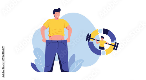 Man in yellow shirt and blue pants with weightlifting icon.