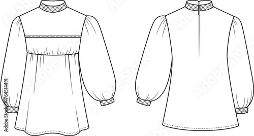Women's tunic blouse fashion flat, puff sleeve top vector, CAD technical drawing, garment design template, sewing pattern illustration, apparel sketch