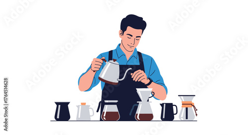 Barista carefully pouring hot water into coffee filter for brewing.