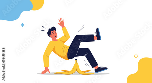Man slips on banana peel, falling down, accident concept.