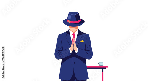 Man in a suit with a hat, hands together, focused.