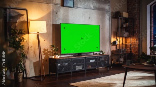 Wallpaper Mural Modern Living Room With Green Screen Television Displaying Cityscape At Night With Warm Interior Lighting And Large Window Torontodigital.ca