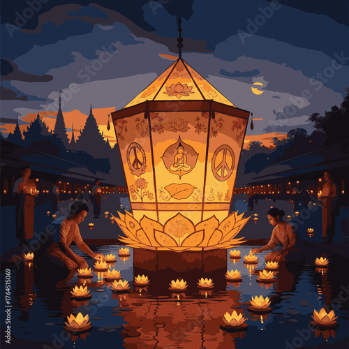 Peaceful Lantern Festival Floating on Water at Night