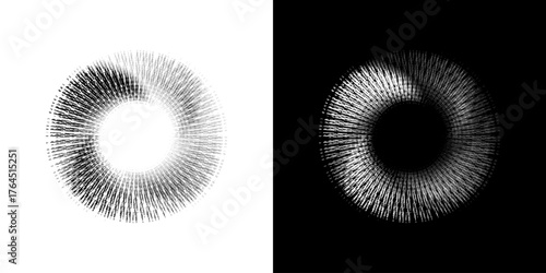 Dynamic abstract spiral sound wave rhythm lines. Circular spiral sound wave rhythm of lines. Circular futuristic abstract lines, black and white background.