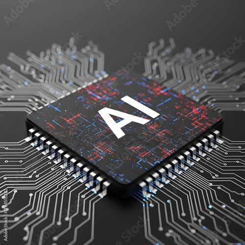 Modern vibrant AI chip design with circuit board patterns for technology innovation and future trends, a dynamic high tech concept for business and science