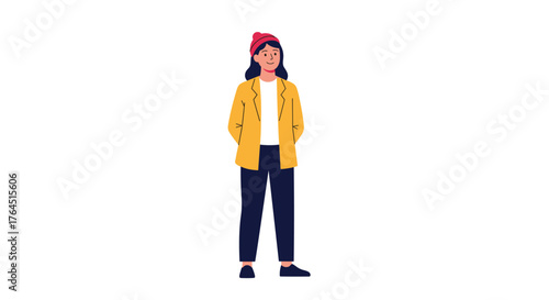 Woman in yellow jacket and hat standing confidently.