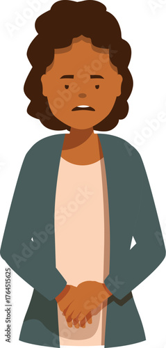 Sad, uncomfortable businesswoman holding hands, a character design depicting worry and anxiety