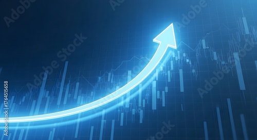 Business growth chart with rising blue arrow and financial data