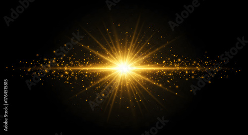 Light effect. Vector shining golden bright light. Gold shine burst with sparkles illustration isolated on black background