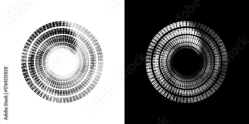Dynamic abstract spiral sound wave rhythm lines. Circular spiral sound wave rhythm of lines. Circular futuristic abstract lines, black and white background.