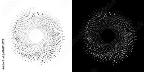 Dynamic abstract spiral sound wave rhythm lines. Circular spiral sound wave rhythm of lines. Circular futuristic abstract lines, black and white background.