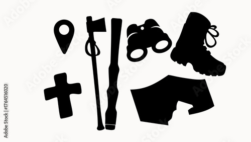 Silhouette image of hiking gear including a map pin axe binoculars boot shorts and cross symbol