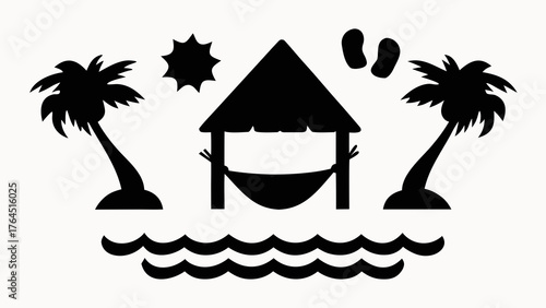 Silhouette of tropical beach scene with palm trees, hut, hammock, sun, waves and flip flops