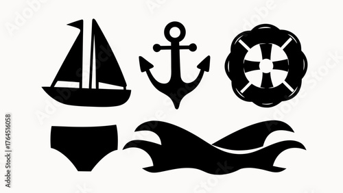 Black silhouettes of a sailboat, anchor, life preserver, swimsuit, and waves on a white background