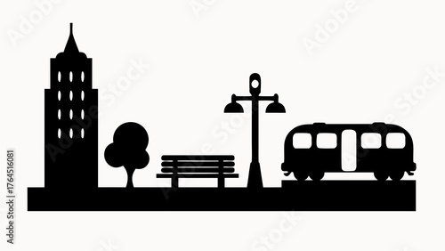 Silhouette of a city skyline with a building tree bench street light and a bus in black and white style
