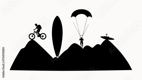 Silhouette of extreme sports figures on mountain peaks including biking surfing and parachuting scene