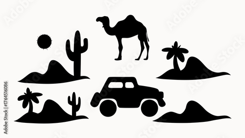 Silhouette desert landscape with camel, car, cactus, palm trees and sun in black and white style