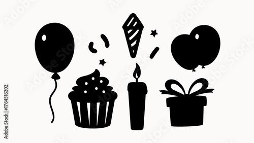 Black silhouette of birthday party elements including balloons gift cupcake and candle shown on white