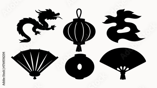 Silhouette illustration of chinese dragon, lanterns, cloud and fans on a white background art design