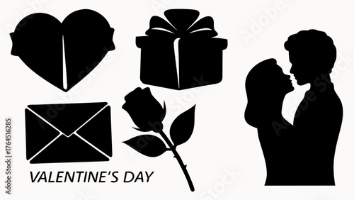 Valentine's day themed image with heart gift rose letter and couple in black silhouette design style