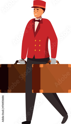 Bellboy wearing red uniform carrying two suitcases, walking and smiling
