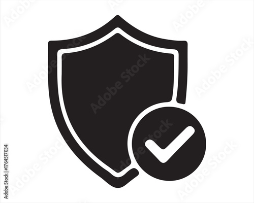 Black shield icon with a white checkmark in a circle indicating security and safety